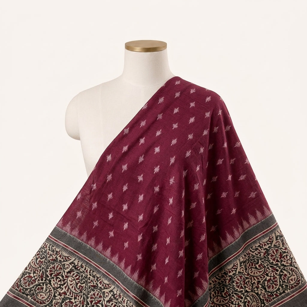 Wine Ikat Cotton Fabric Draped as a saree