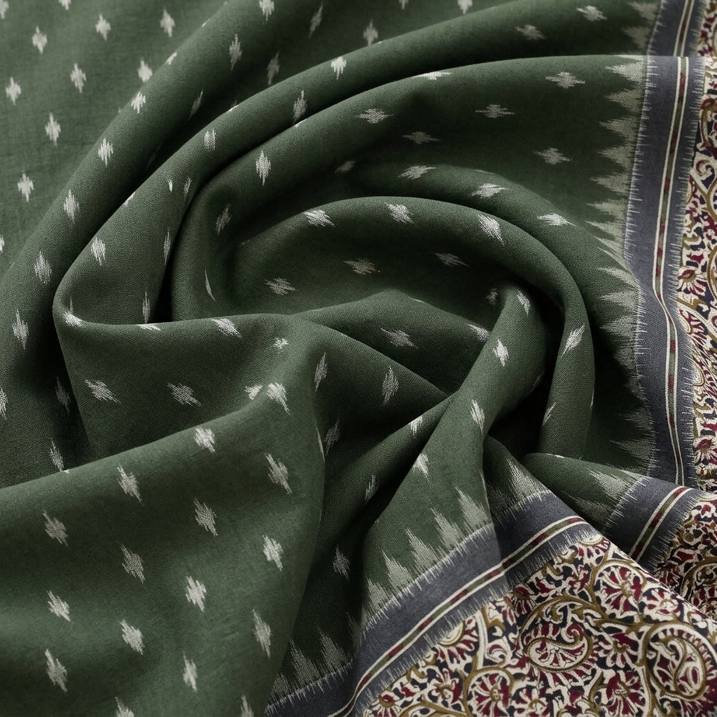 Swirled Green Ikat Cotton Fabric Showing Border and Drape