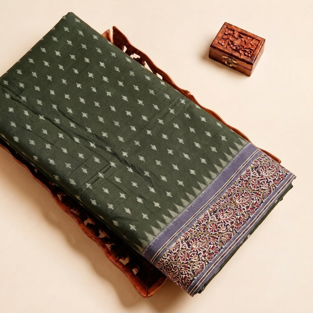 Green Ikat Cotton Fabric with Border