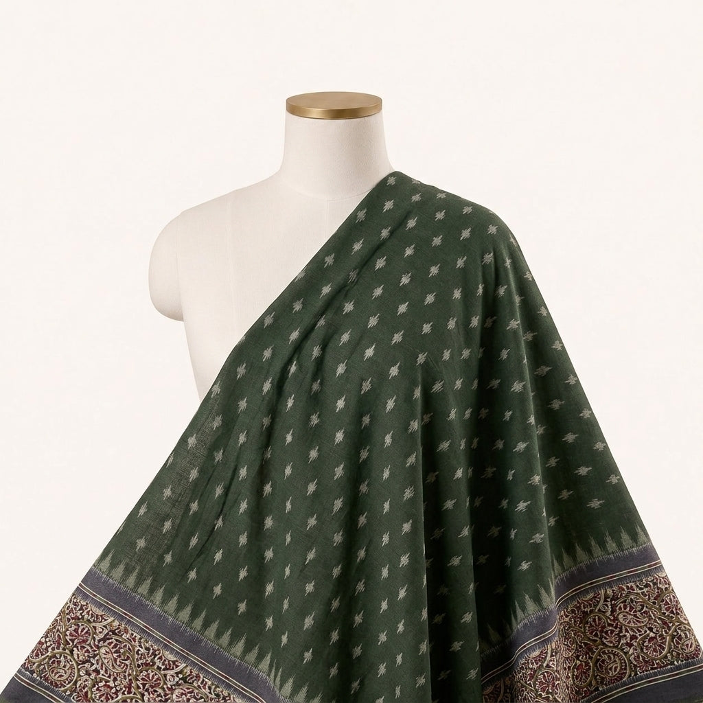 Green Ikat Cotton Fabric Draped as a saree