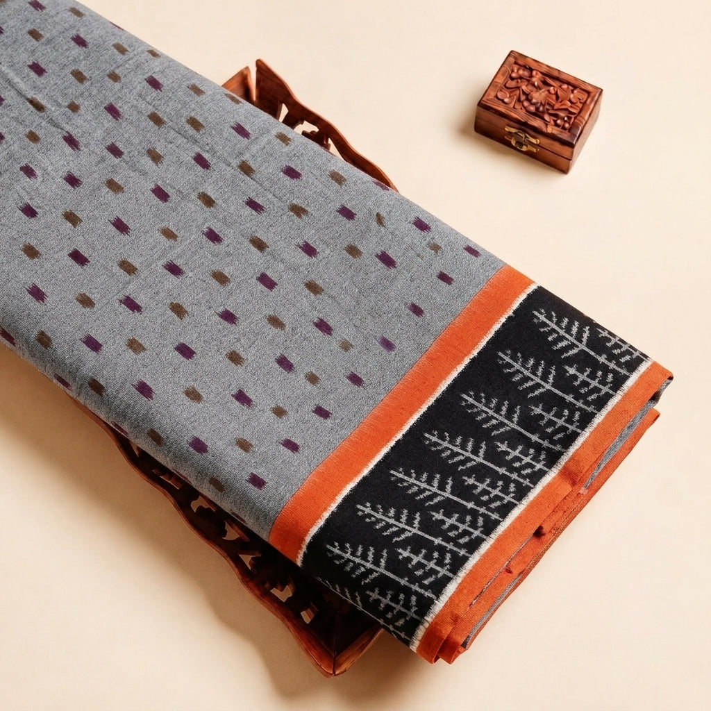 Orangee Ikat Cotton Fabric, folded