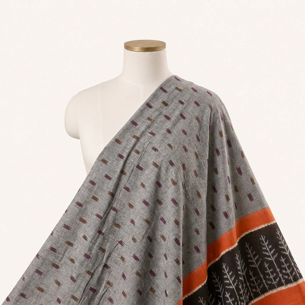 Grey Ikat Cotton Fabric Draped as a saree
