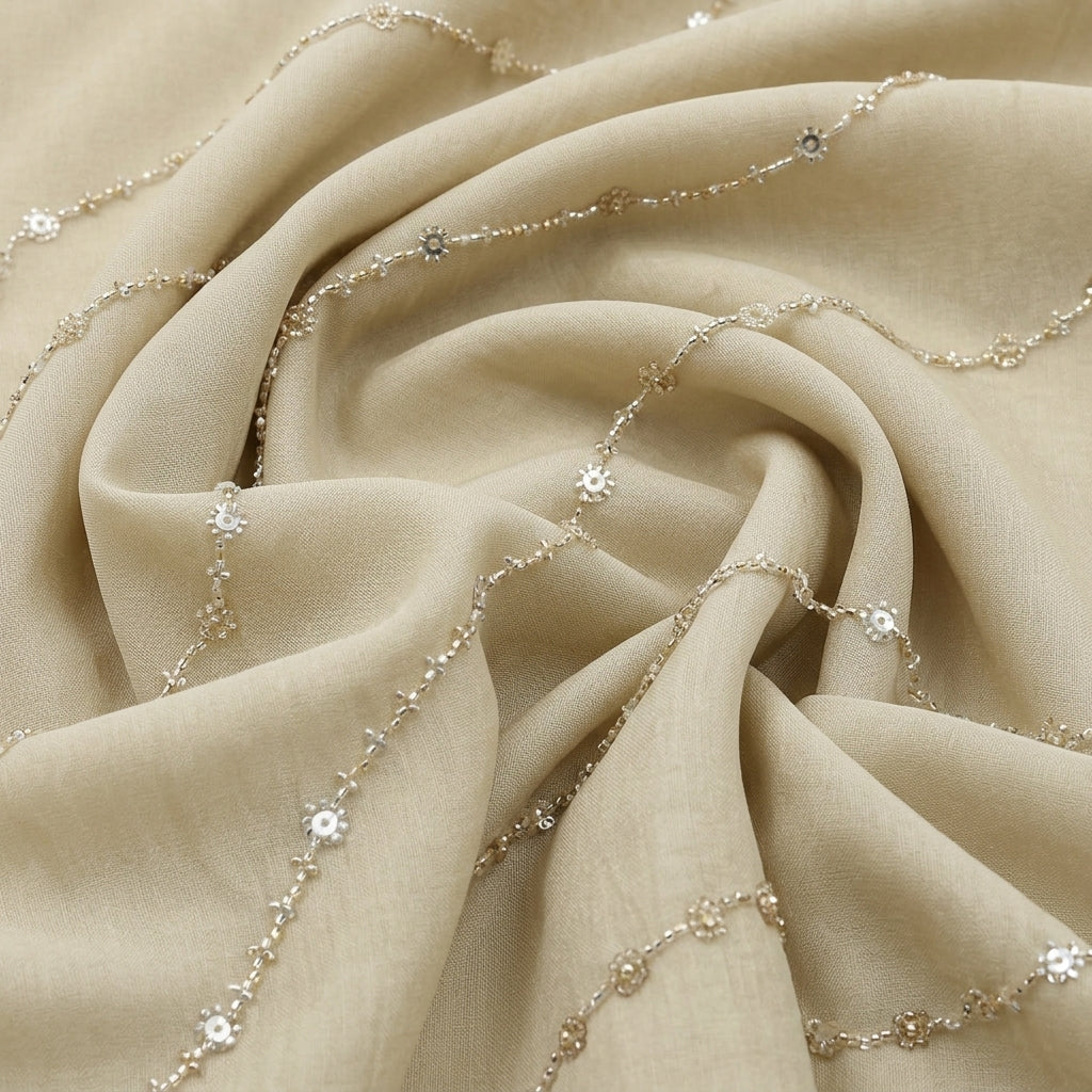 Swirled Cream Embroidery Tissue Fabric Showing Sequin Stone Beads and Drape
