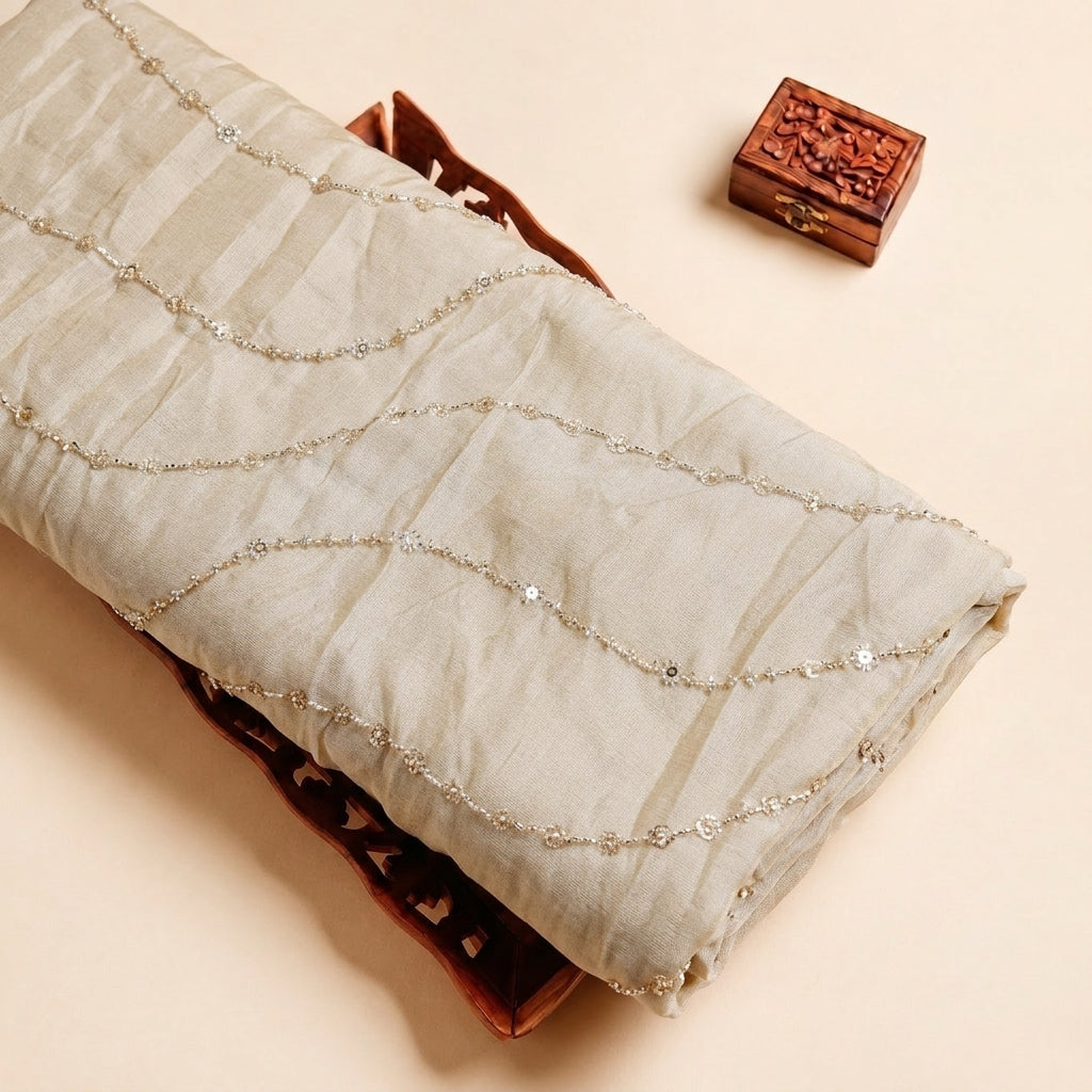 Cream Embroidery Tissue Fabric with Sequin Stone Beads