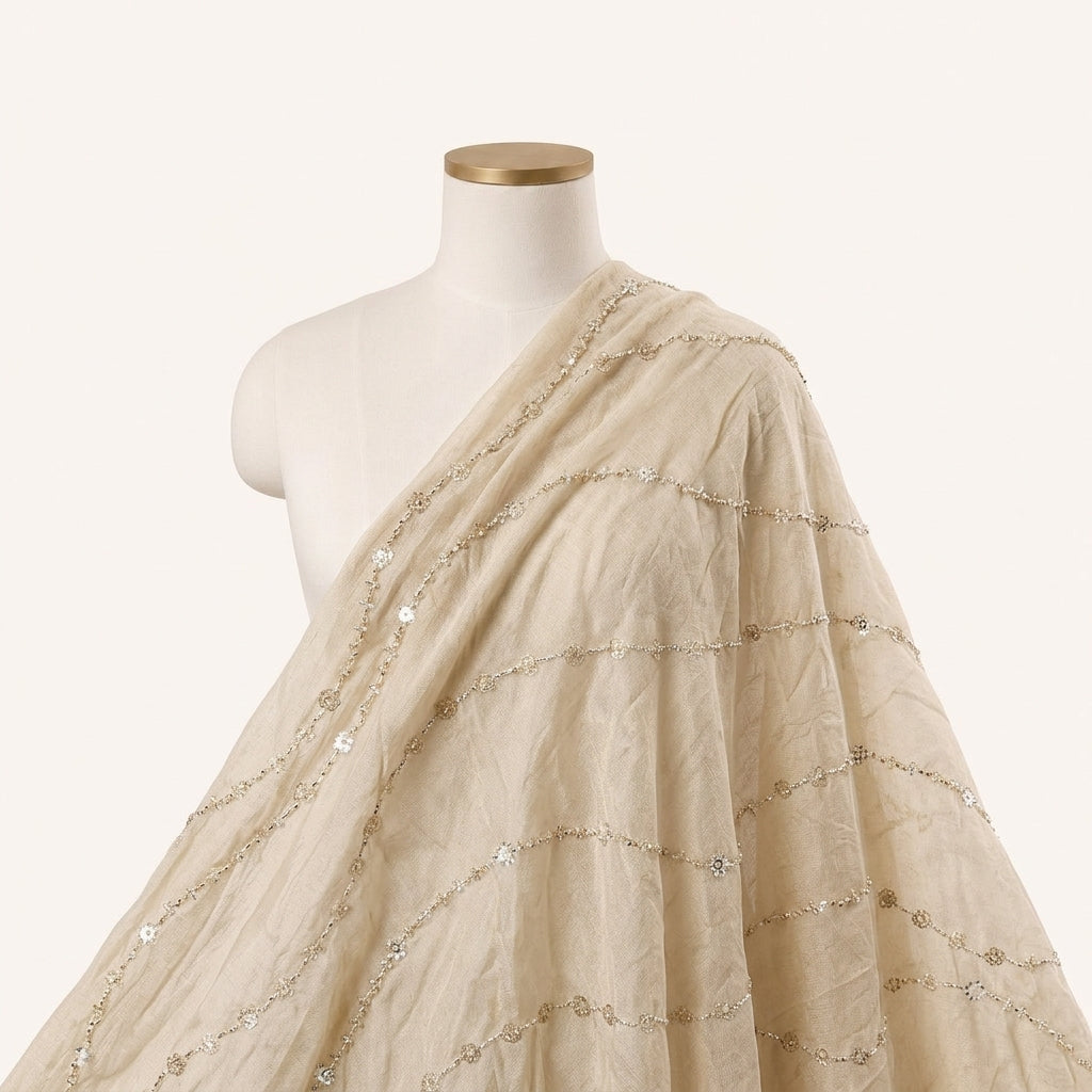 Cream Embroidery Tissue Fabric Draped as a saree