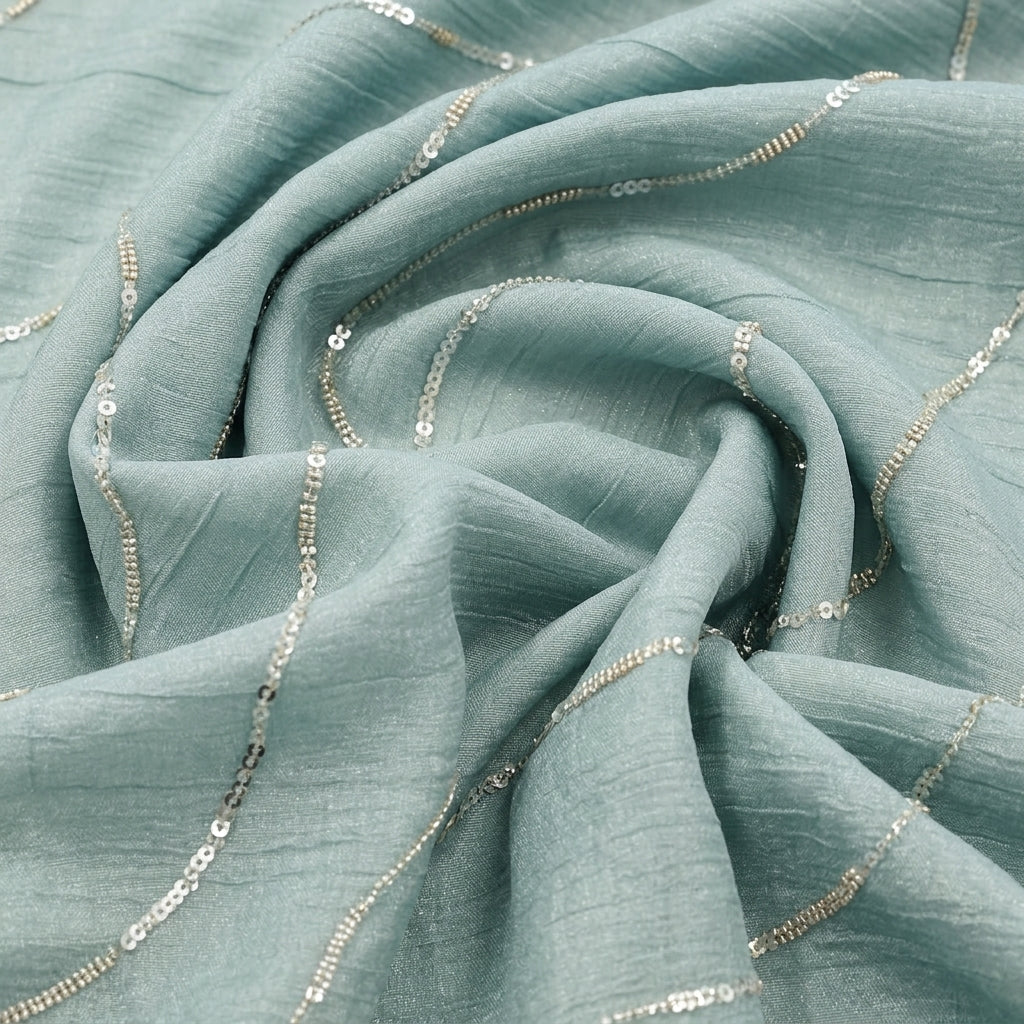 Swirled Green Embroidery Organza Fabric Showing Sequin Beads and Drape
