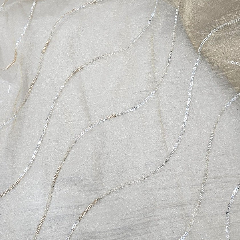Gold Embroidery Organza Fabric, laid flat