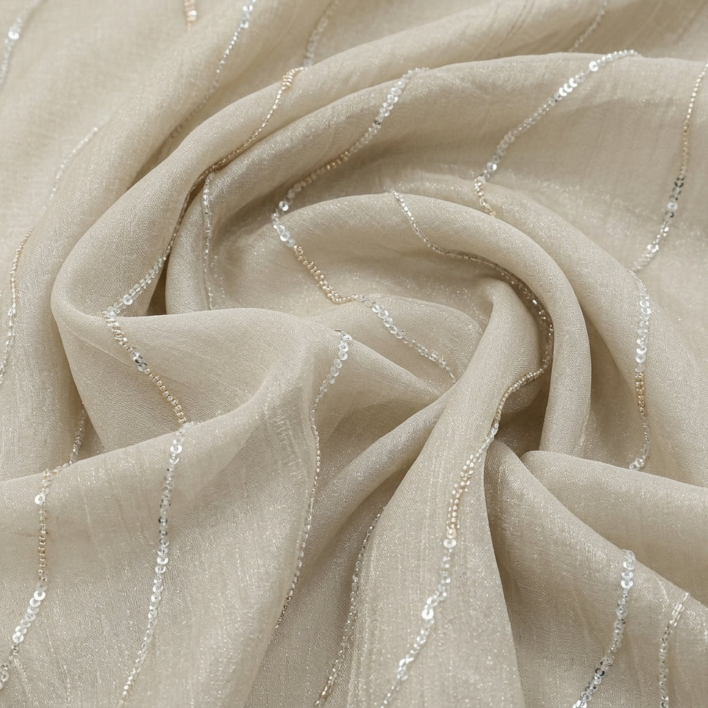 Swirled Gold Embroidery Organza Fabric Showing Sequin Beads and Drape