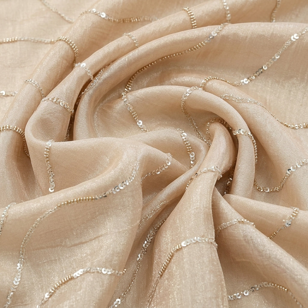 Swirled Rose Gold Embroidery Organza Fabric Showing Sequin Beads and Drape