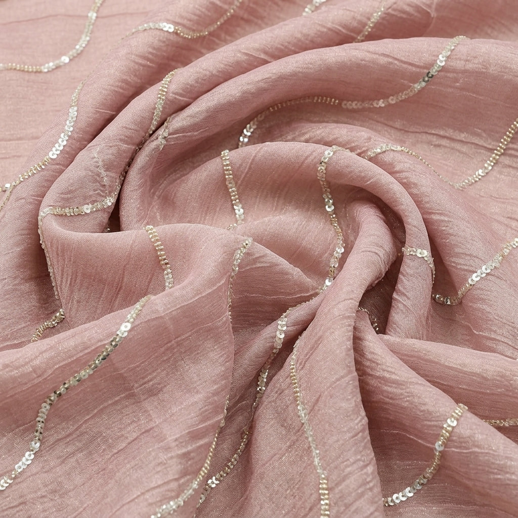Swirled Peach Gold Embroidery Organza Fabric Showing Sequin Beads and Drape