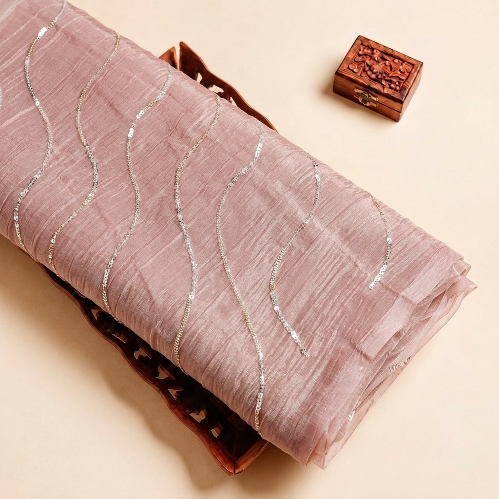 Peach Gold Embroidery Organza Fabric with Sequin Beads