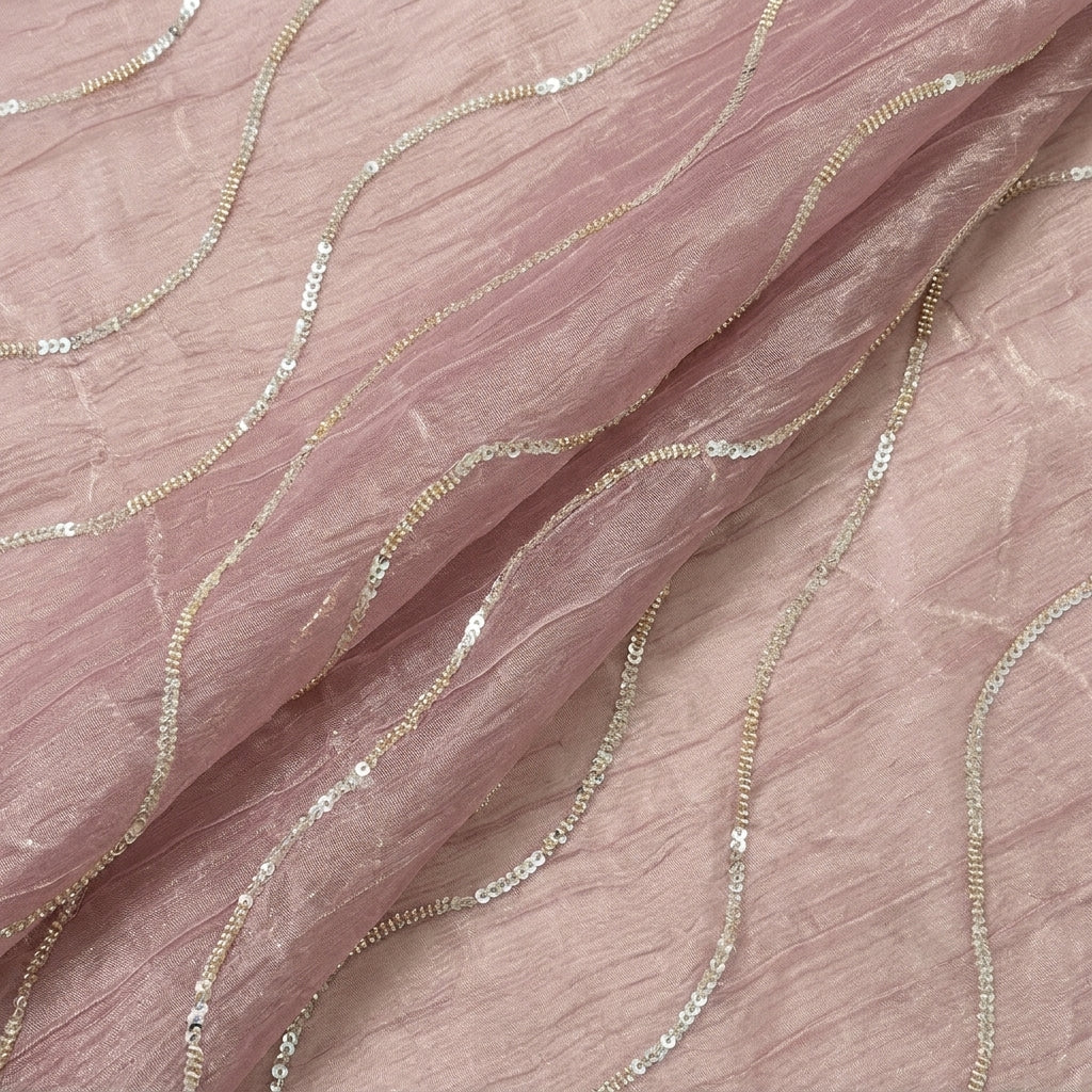 Folded Peach Gold Embroidery Organza Fabric
