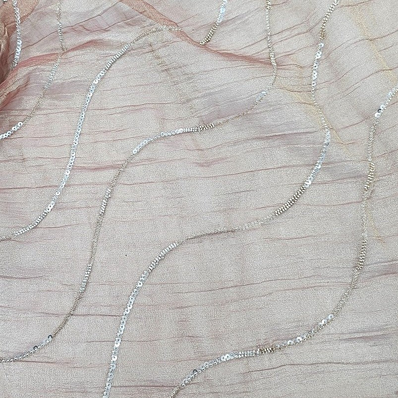 Peach Pink Embroidery Organza Fabric, laid flat
