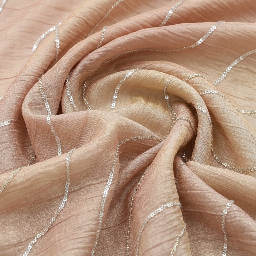 Swirled Peach Pink Embroidery Organza Fabric Showing Sequin Beads and Drape