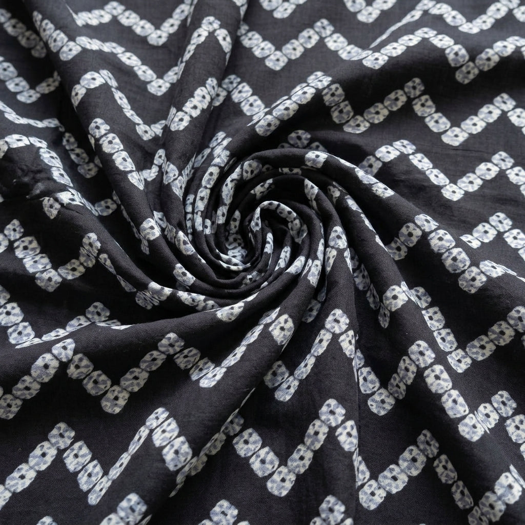 Swirled Black Chevron Cotton Fabric Showing Drape