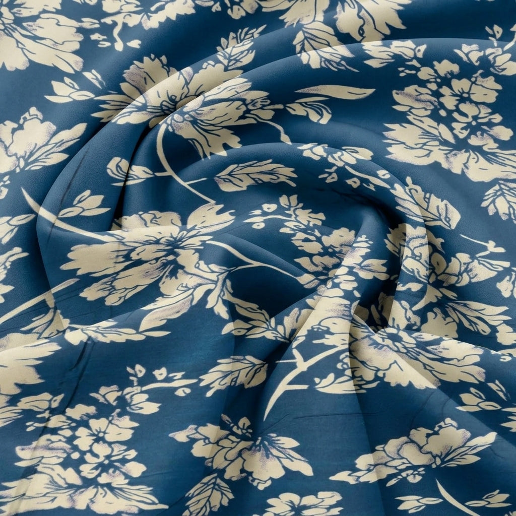 Swirled Blue Floral Cotton Fabric Showing Drape