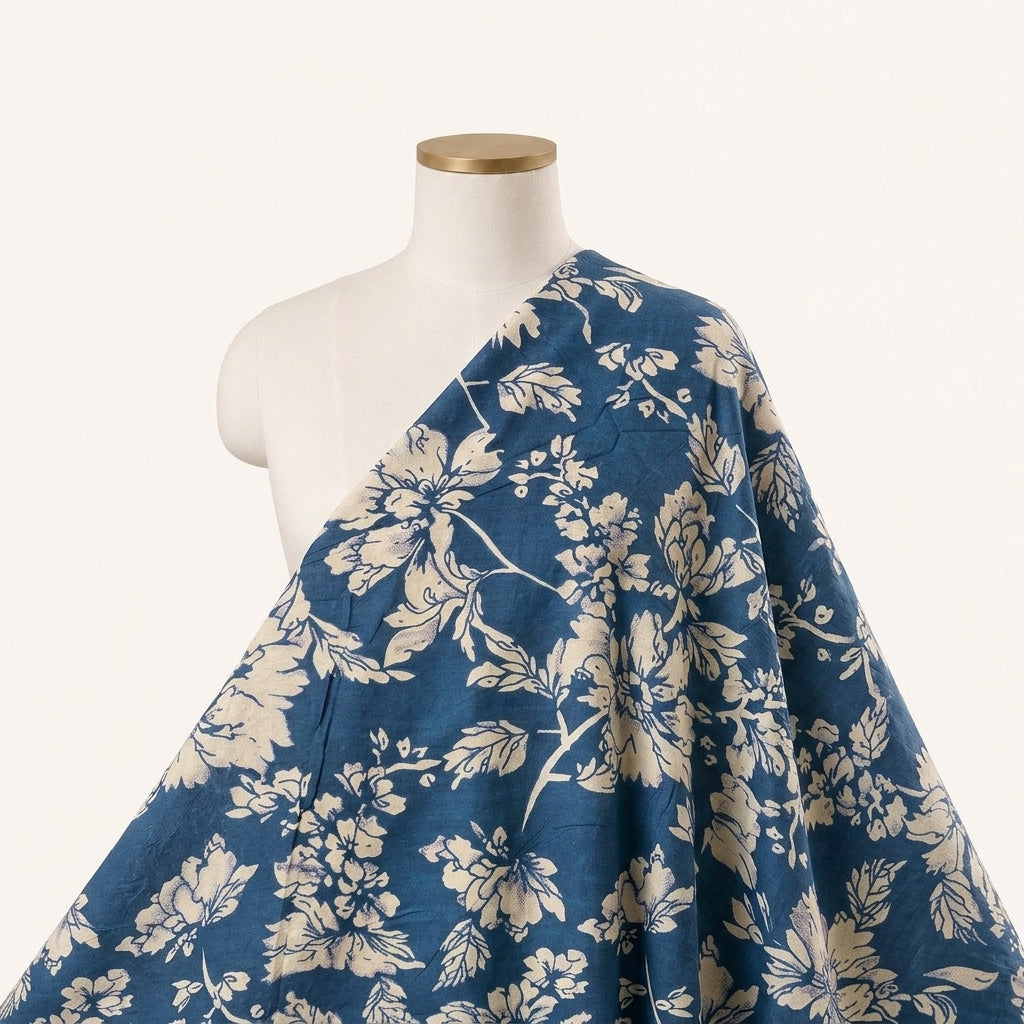 Blue Floral Cotton Fabric Draped as a saree