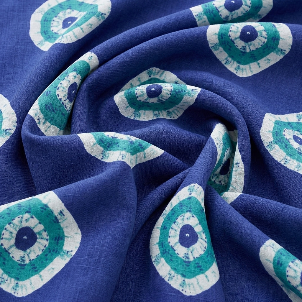 Swirled Blue Bandhini Cotton Fabric Showing Drape