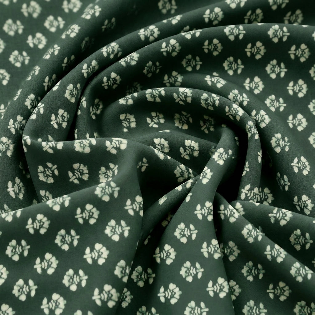 Swirled Green Floral Cotton Fabric Showing Drape