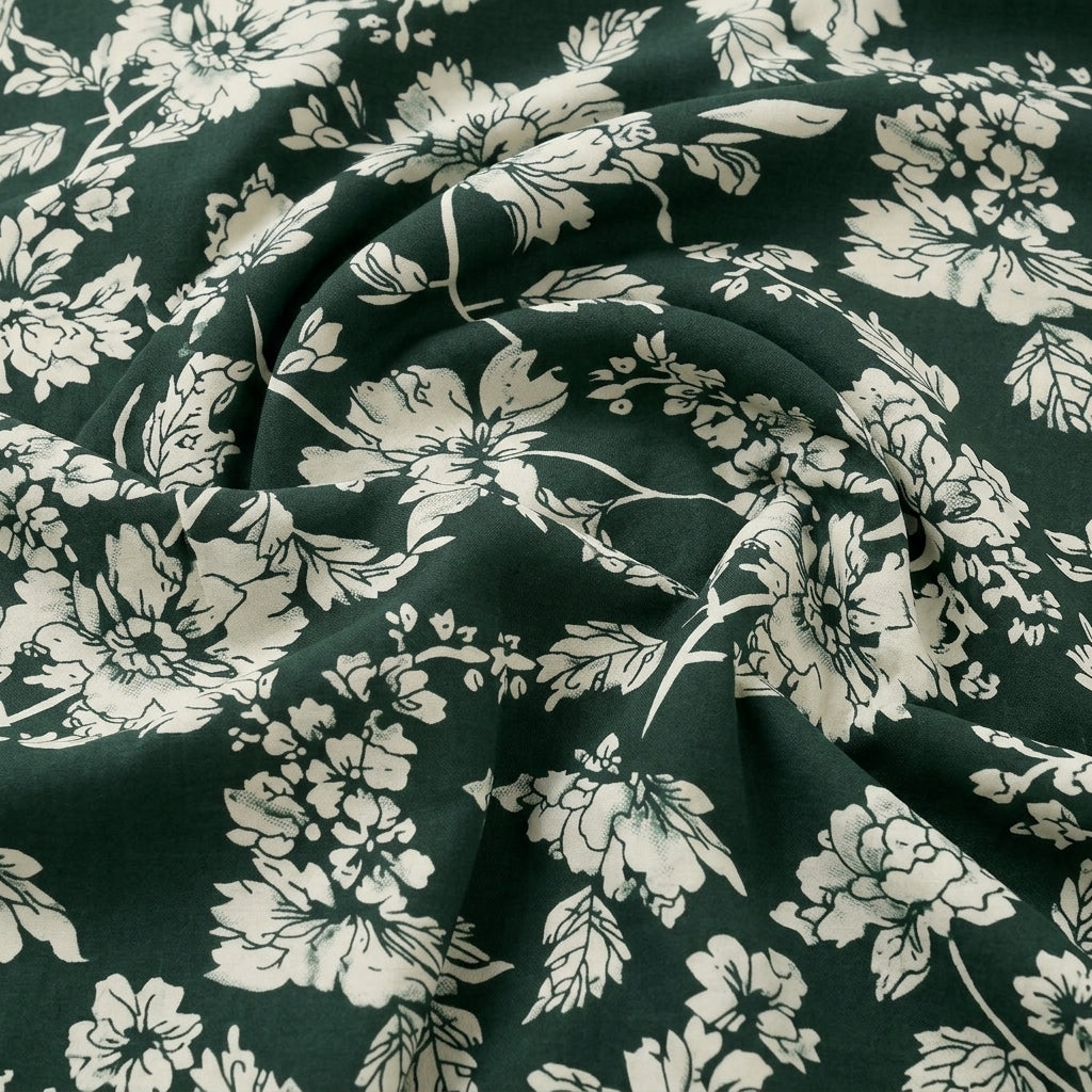 Swirled Green Floral Cotton Fabric Showing Drape