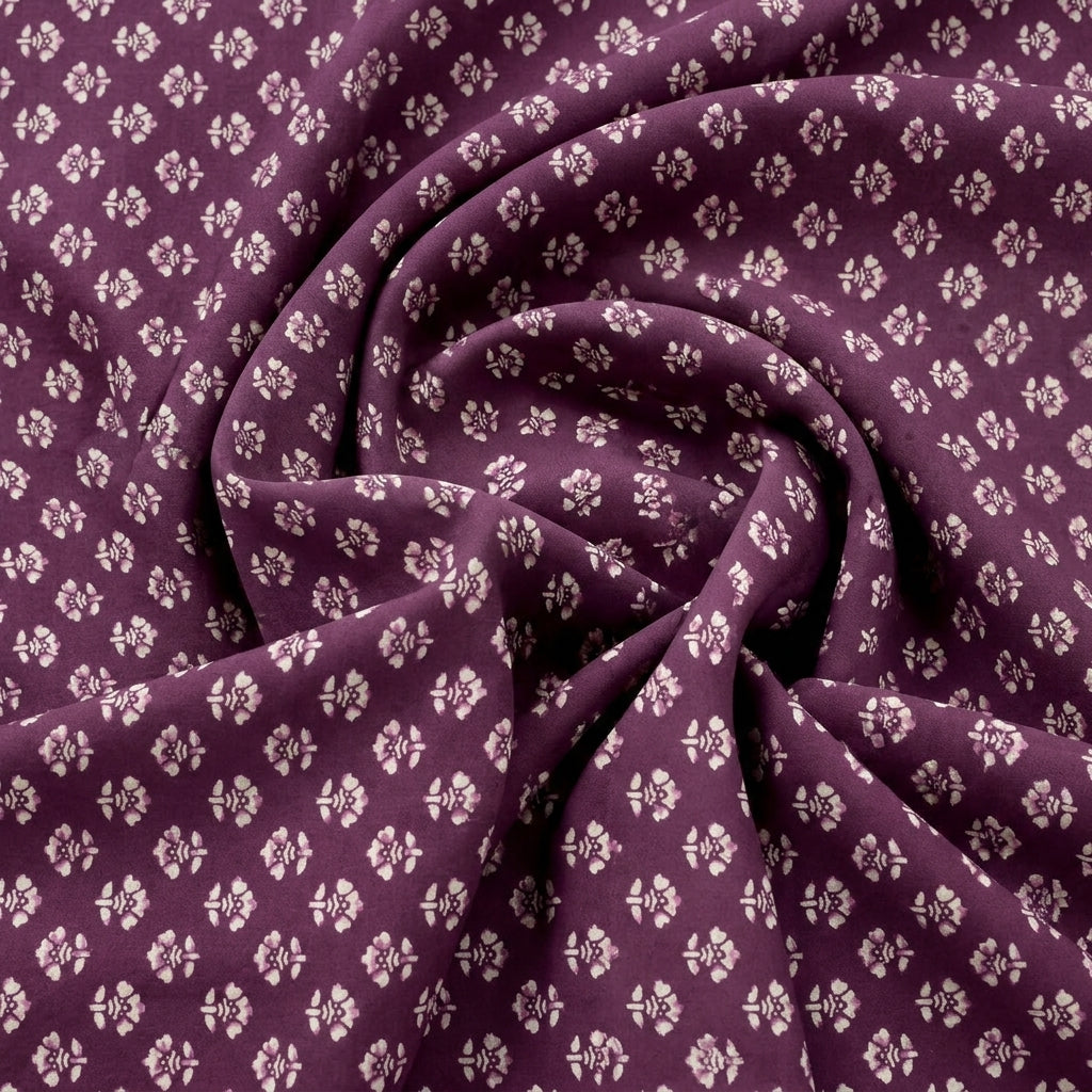 Swirled Wine Floral Cotton Fabric Showing Drape