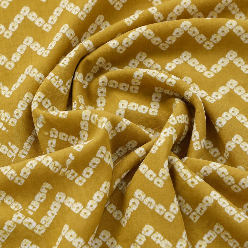 Swirled Yellow Chevron Cotton Fabric Showing Drape