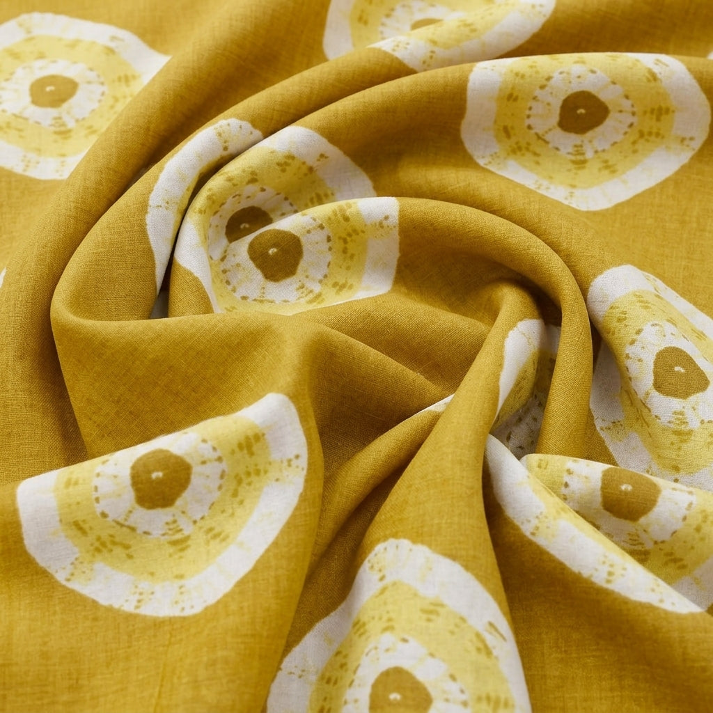 Swirled Yellow Bandhini Cotton Fabric Showing Drape