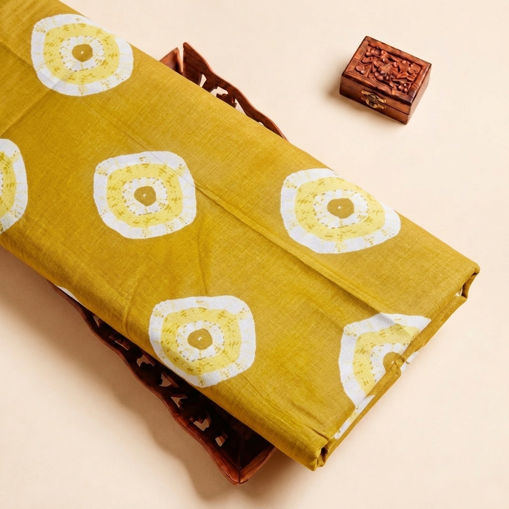 Yellow Bandhini Cotton Fabric, folded