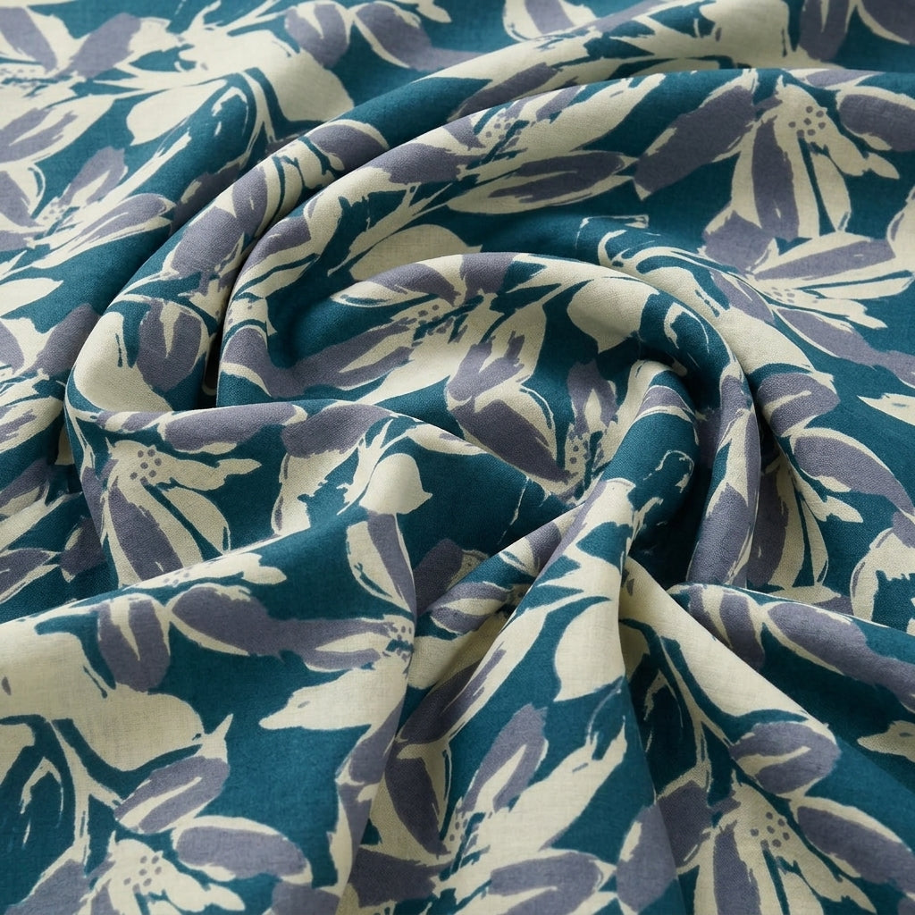 Swirled Green Floral Cotton Fabric Showing Drape