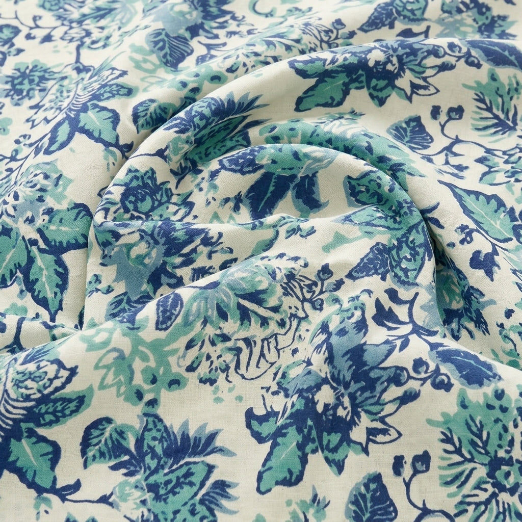 Swirled Cream Floral Cotton Fabric Showing Drape