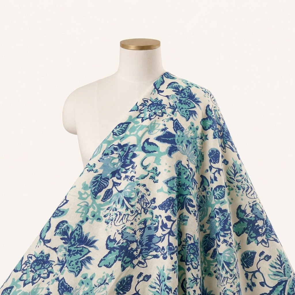 Cream Floral Cotton Fabric Draped as a saree