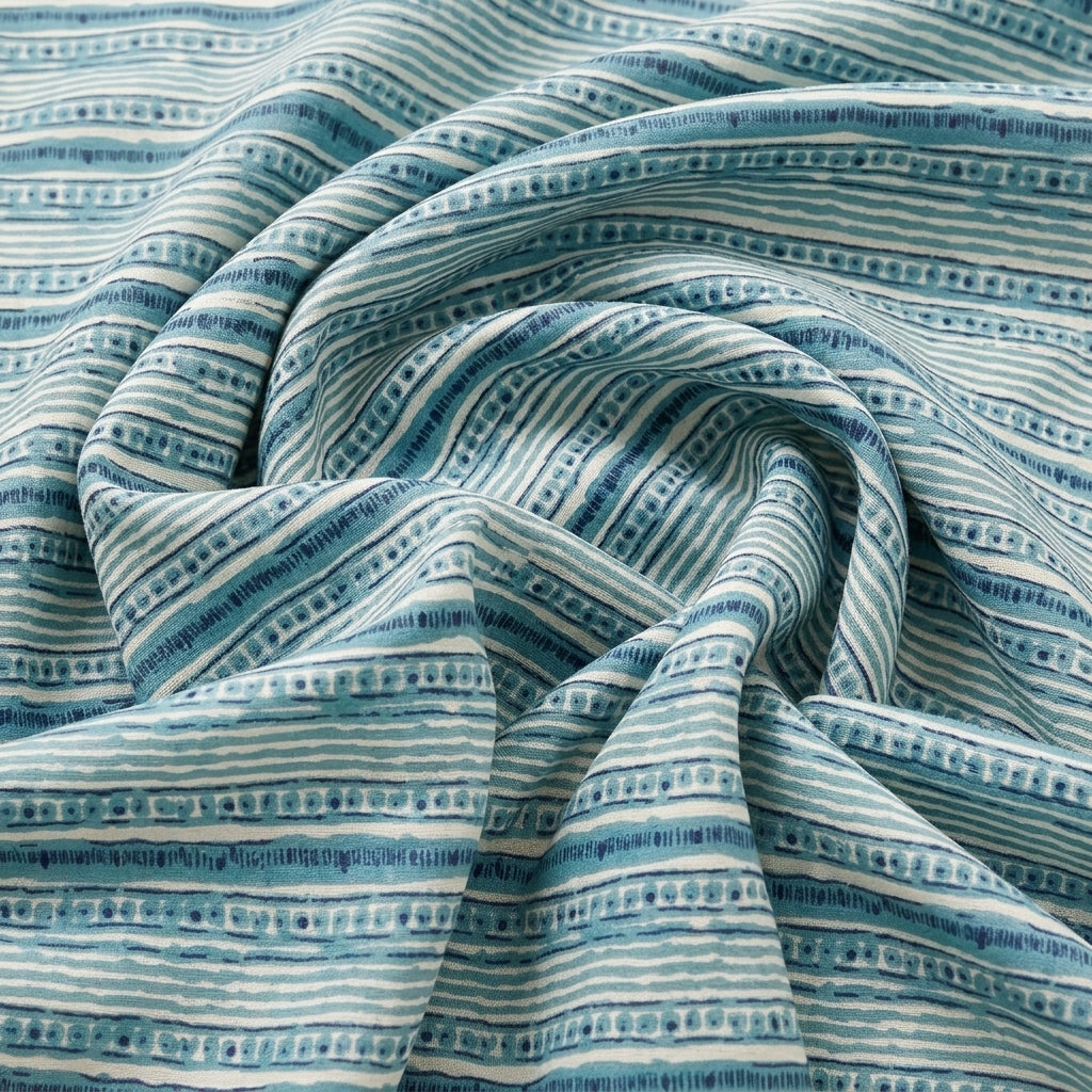 Swirled Blue Striped Cotton Fabric Showing Drape