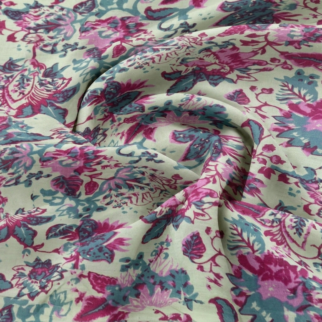 Swirled Cream Floral Cotton Fabric Showing Drape