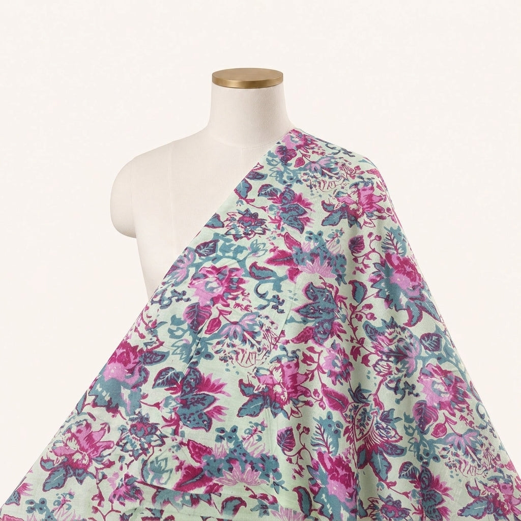 Cream Floral Cotton Fabric Draped as a saree