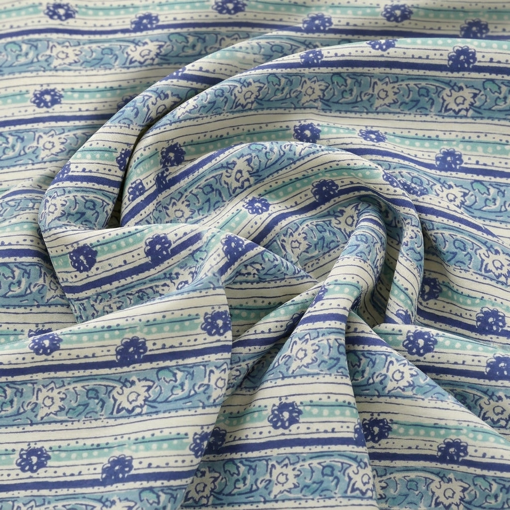 Swirled Blue Floral Cotton Fabric Showing Striped and Drape
