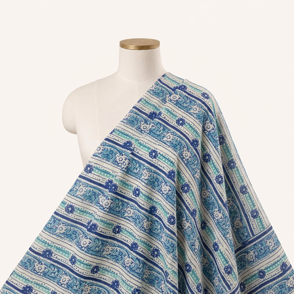 Blue Floral Cotton Fabric Draped as a saree