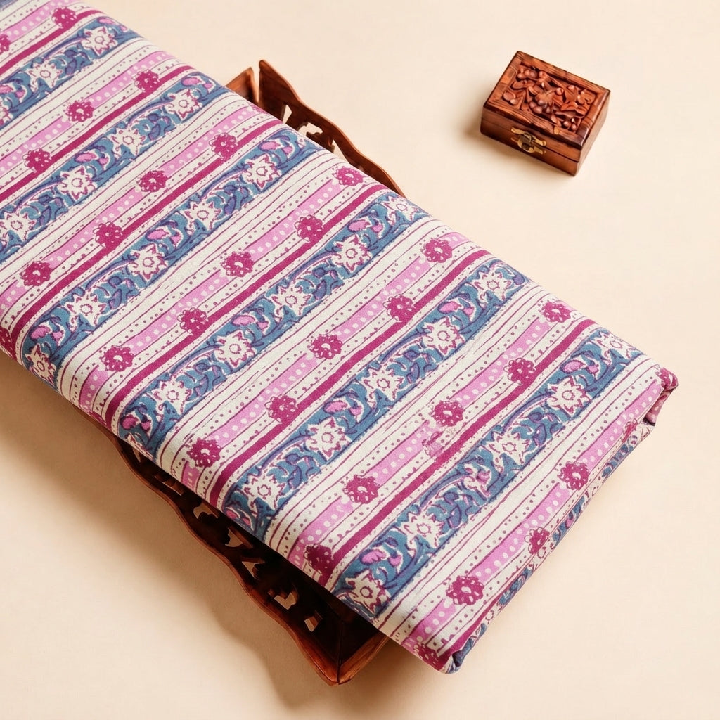 Pink Floral Cotton Fabric with Striped