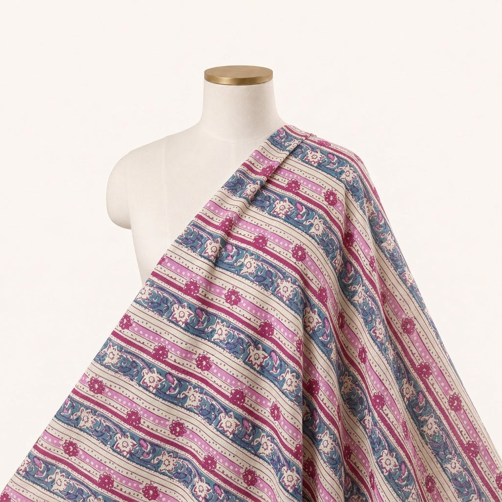 Pink Floral Cotton Fabric Draped as a saree