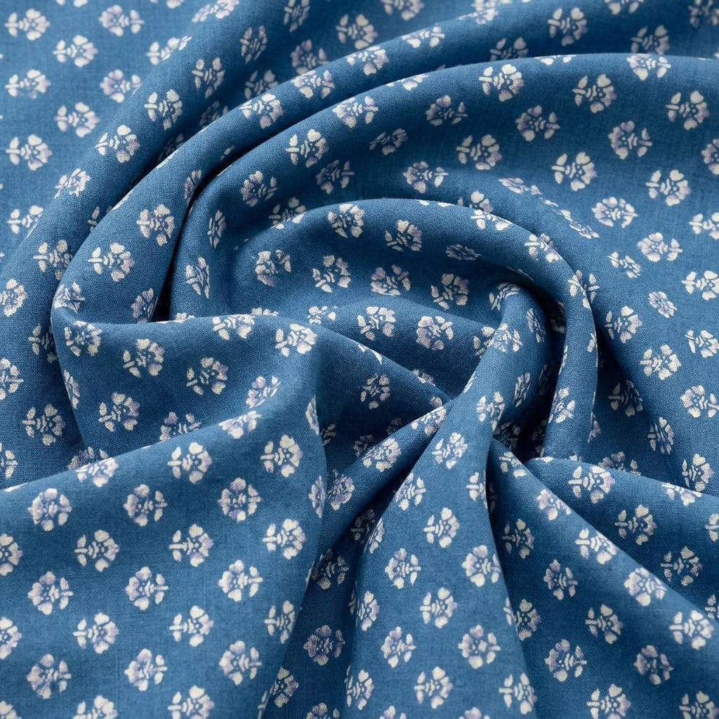 Swirled Blue Floral Cotton Fabric Showing Drape