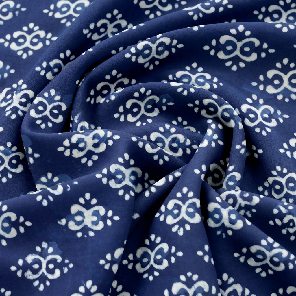 Swirled Indigo Hand block Cotton Fabric Showing Drape