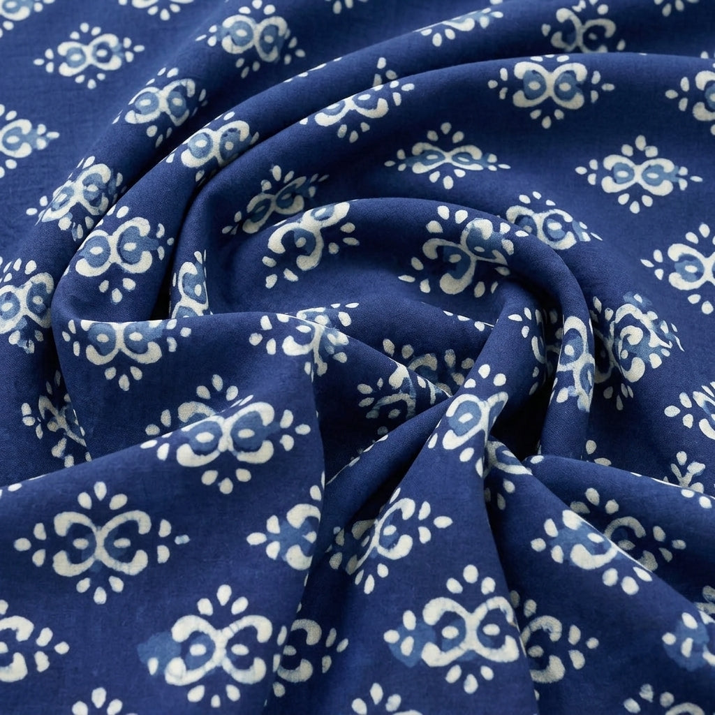 Swirled Indigo Hand block Cotton Fabric Showing Drape