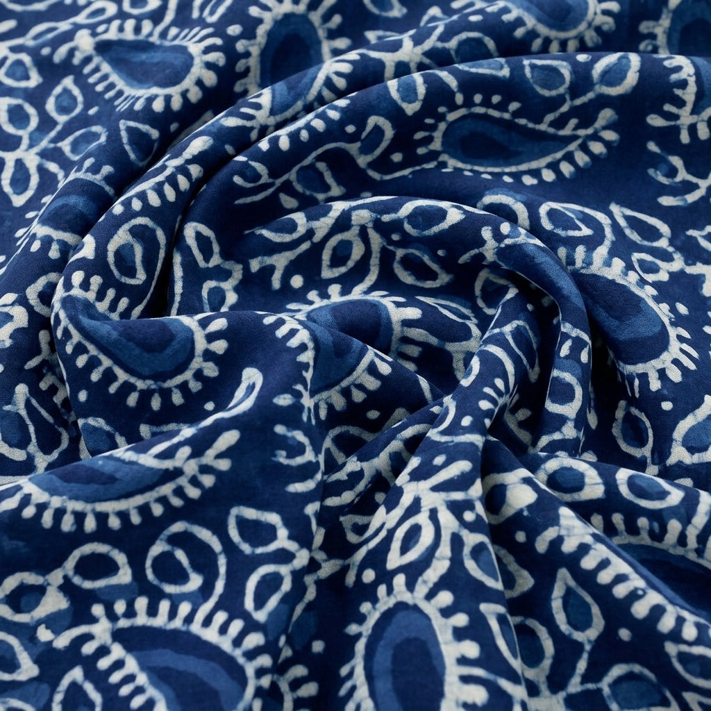 Swirled Indigo Hand block Cotton Fabric Showing Paisley and Drape
