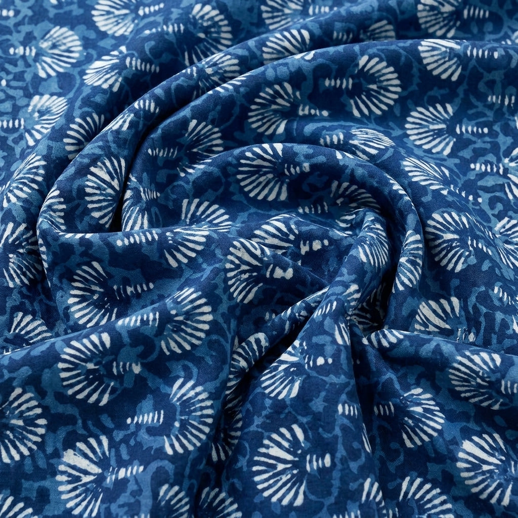 Swirled Indigo Hand block Cotton Fabric Showing Floral and Drape