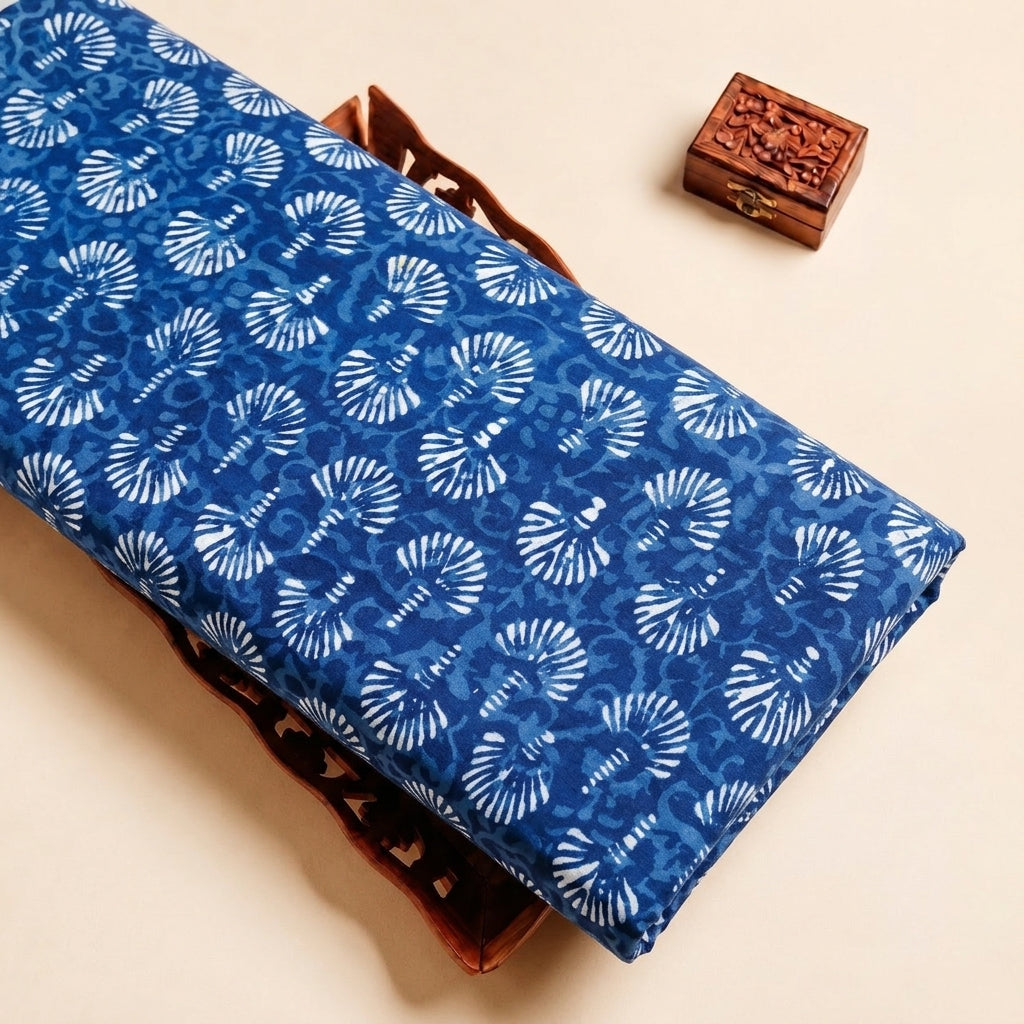 Indigo Hand block Cotton Fabric with Floral