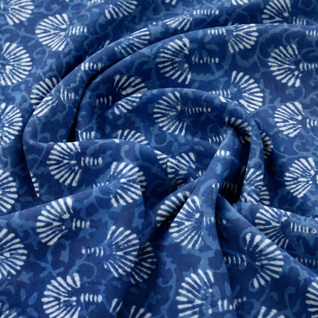 Swirled Indigo Hand block Cotton Fabric Showing Floral and Drape