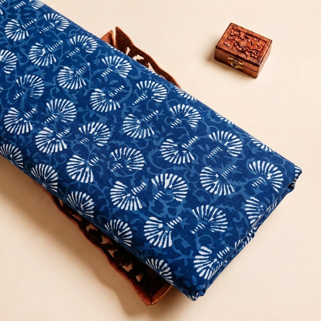 Indigo Hand block Cotton Fabric with Floral