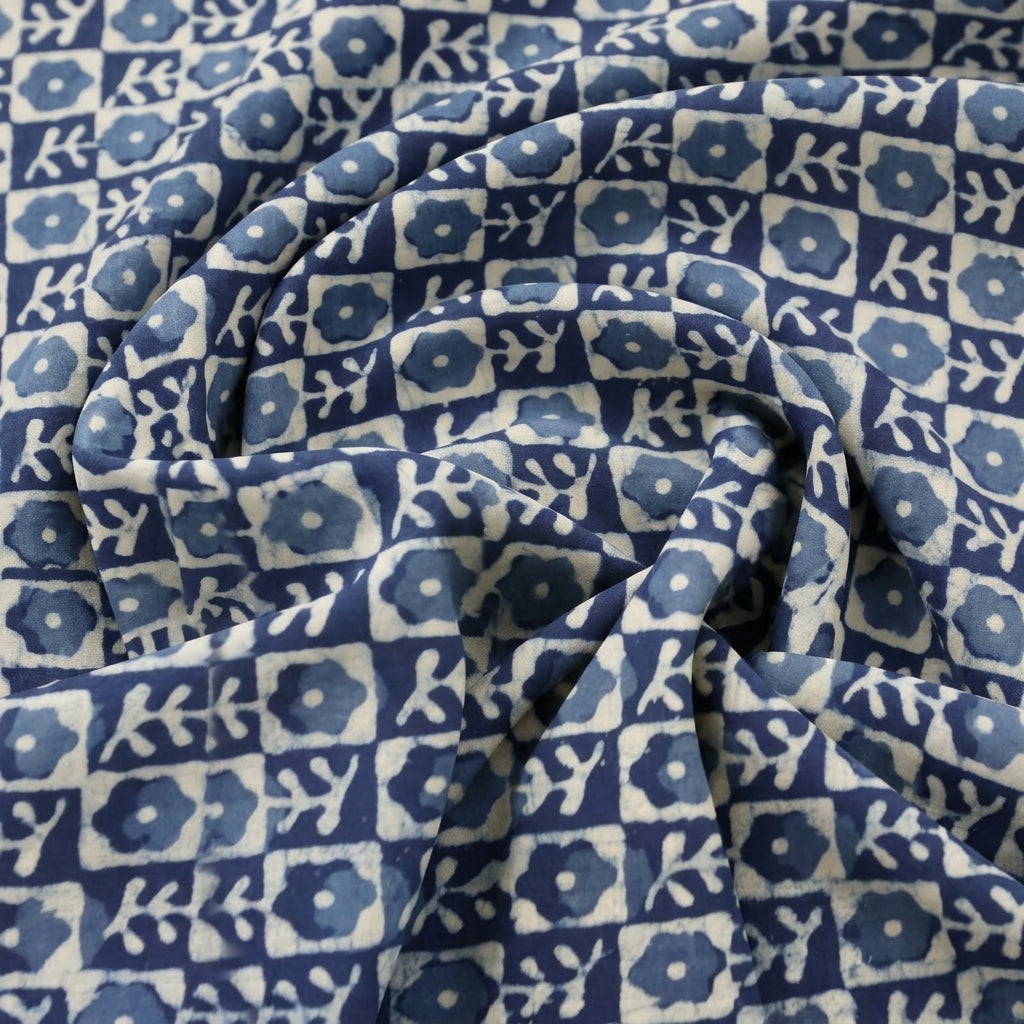 Swirled Indigo Hand block Cotton Fabric Showing Floral and Drape