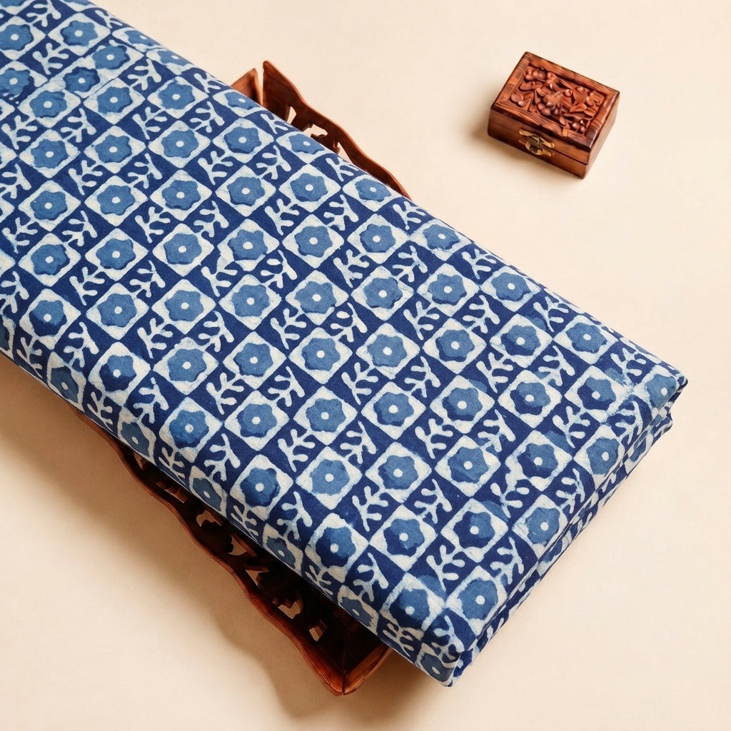Indigo Hand Block Cotton Fabric, folded