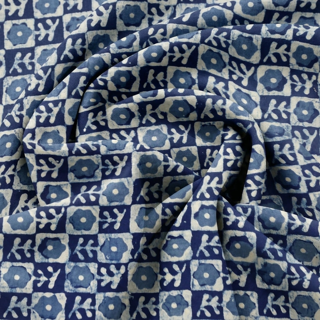 Swirled Indigo Hand block Cotton Fabric Showing Floral and Drape