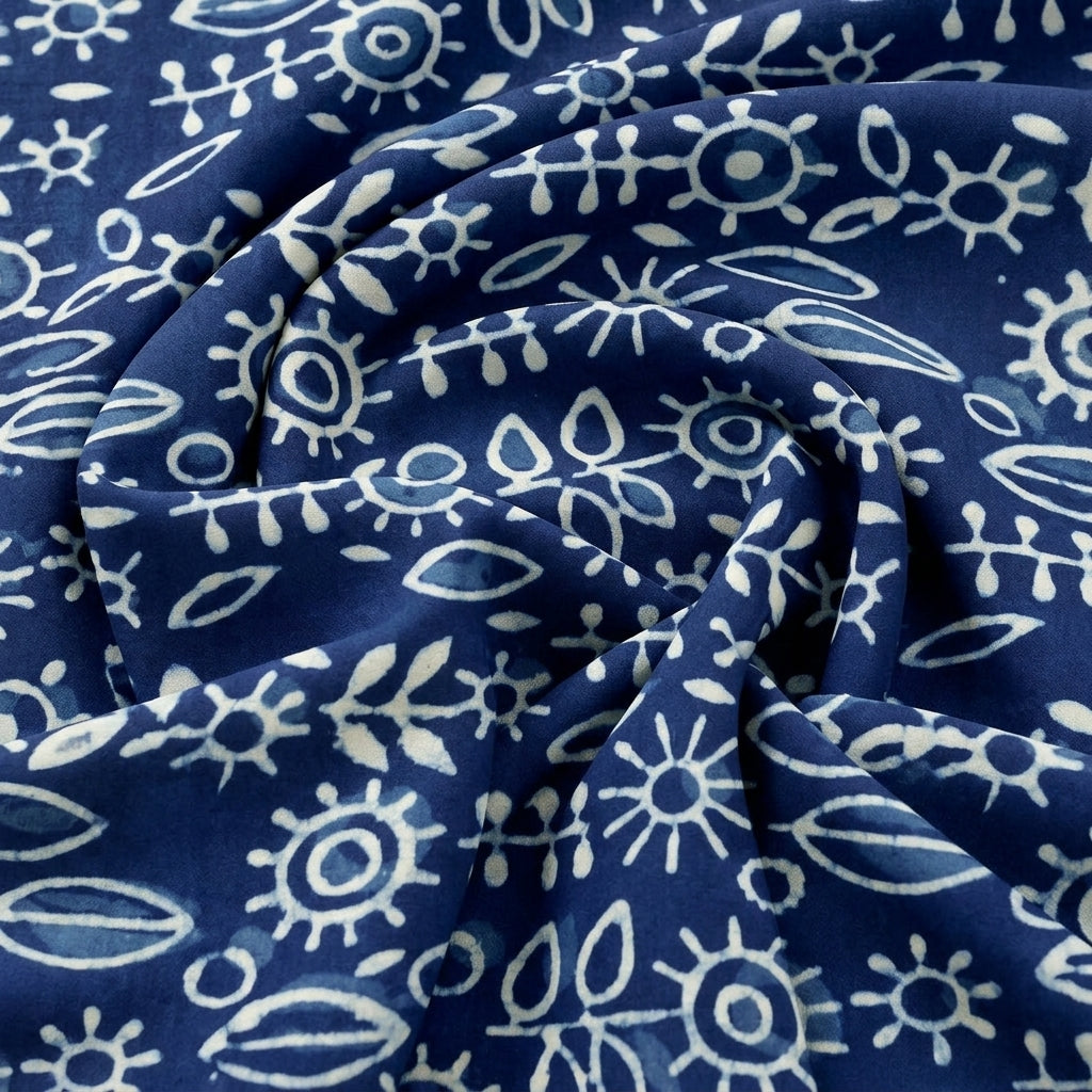Swirled Indigo Hand block Cotton Fabric Showing Floral and Drape